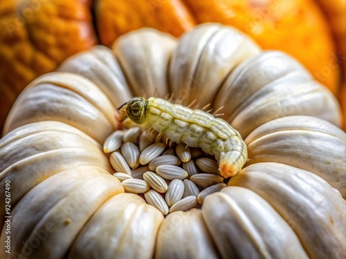 Close-up of a Plodia interpunctella caterpillar, a common storage pest, infesting pumpkin seeds, its creamy white body and brown head a stark contrast to the seeds. photo