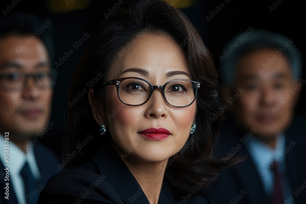 Asian Businesswoman Talking With Male Colleagues, Corporate Office Setting Asian Businesswoman Talking With Male Colleagues, Corporate Office Setting