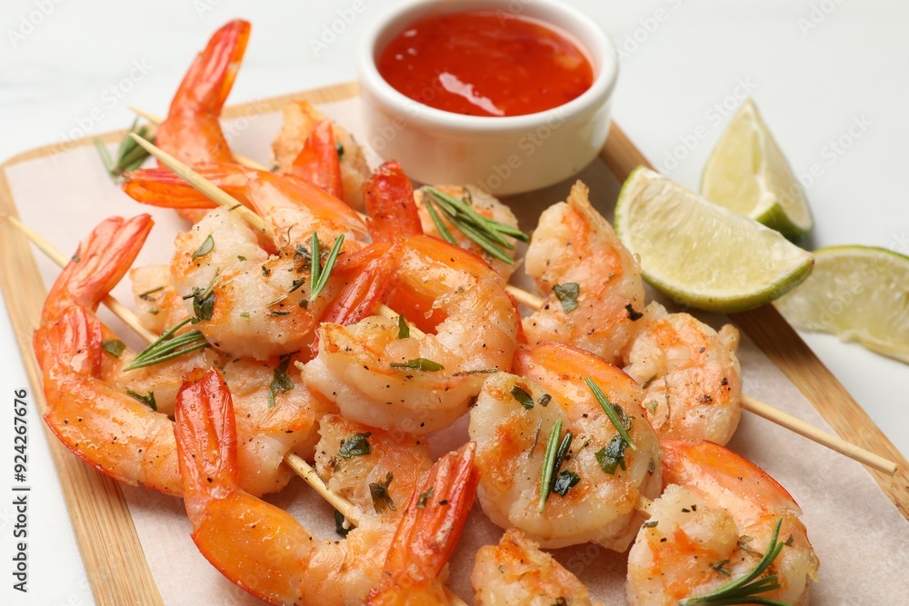 Skewers with delicious grilled shrimps served on white table, closeup Skewers with delicious grilled shrimps served on white table, closeup
