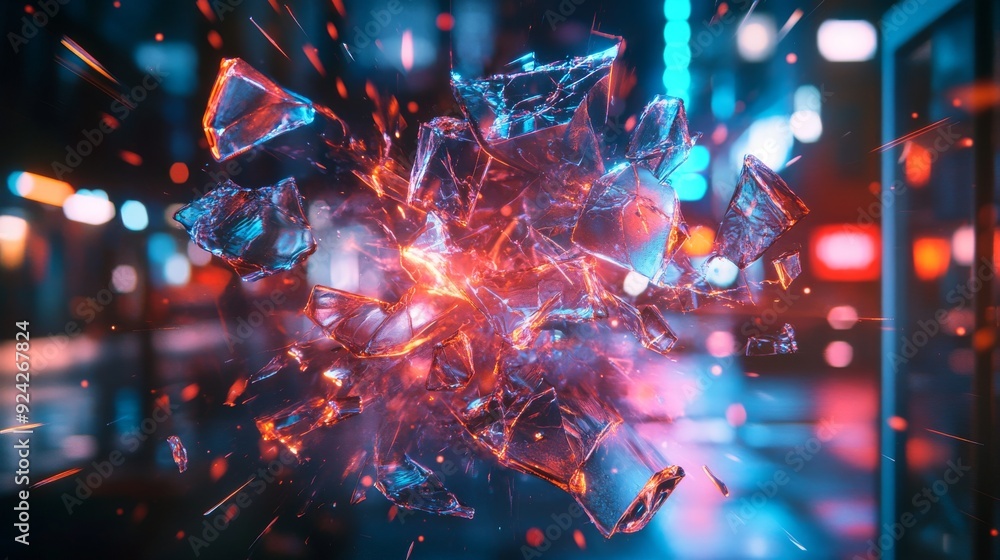Shattered Glass Explosion in City Lights Shattered Glass Explosion in City Lights