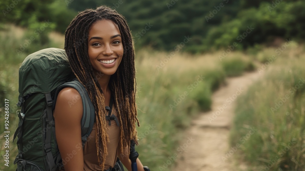 portrait of a mid 20's African American female in hiking gear on a trail portrait of a mid 20's African American female in hiking gear on a trail