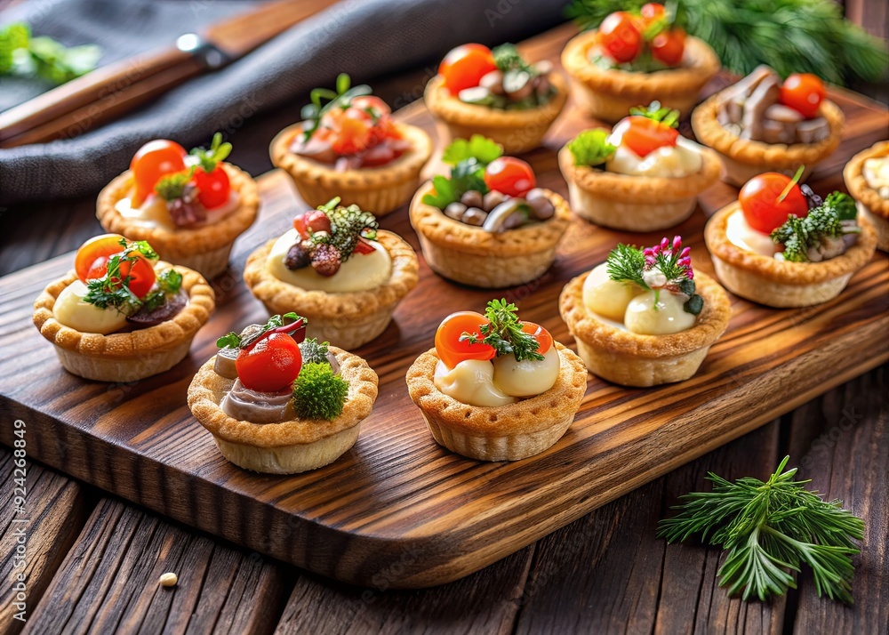Assorted mini pastry tartlets filled with rich pate, sautéed mushrooms, and smoked salmon, perfectly arranged on a rustic wooden platter for an elegant appetizer. Assorted mini pastry tartlets filled with rich pate, sautéed mushrooms, and smoked salmon, perfectly arranged on a rustic wooden platter for an elegant appetizer.