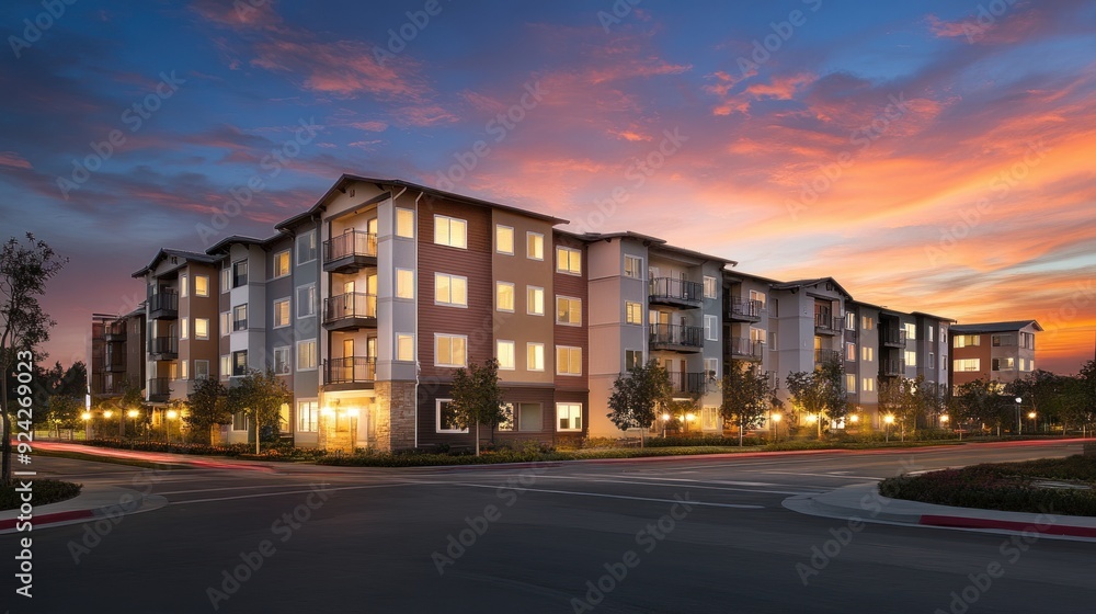 A modern apartment building with a beautiful sunset sky. A modern apartment building with a beautiful sunset sky.