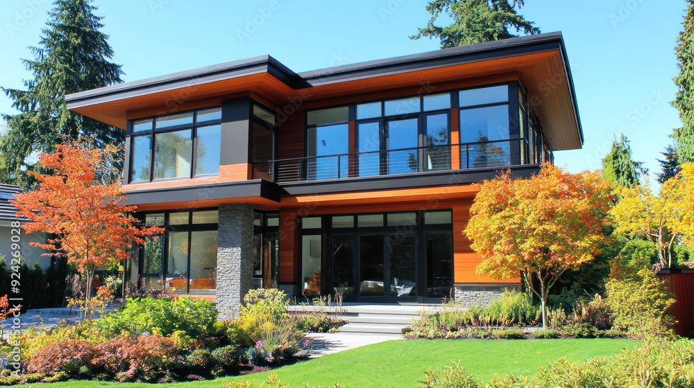 Modern house with large windows, a balcony, and a stone pillar surrounded by lush greenery and a manicured lawn. Modern house with large windows, a balcony, and a stone pillar surrounded by lush greenery and a manicured lawn.