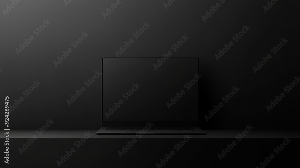 Black laptop on a black surface against a black background. Black laptop on a black surface against a black background.