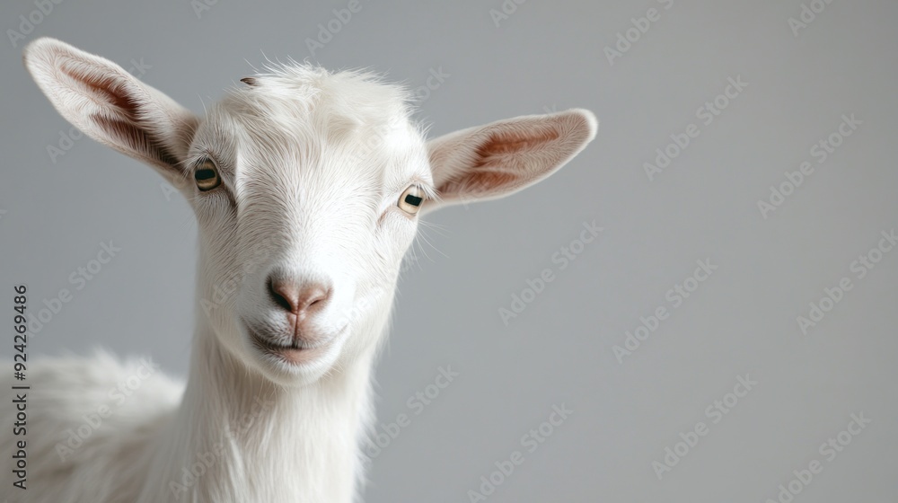 Close-up portrait of a white goat with bright eyes and a curious expression. Close-up portrait of a white goat with bright eyes and a curious expression.