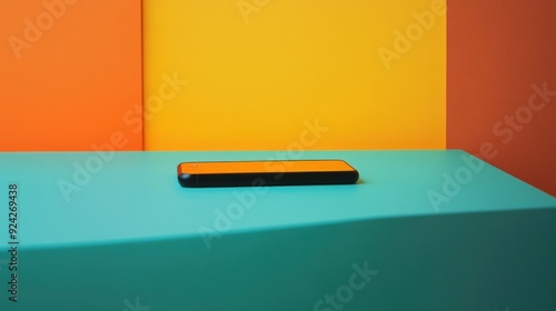 Black smartphone laying on a teal surface with an orange, yellow and brown background.