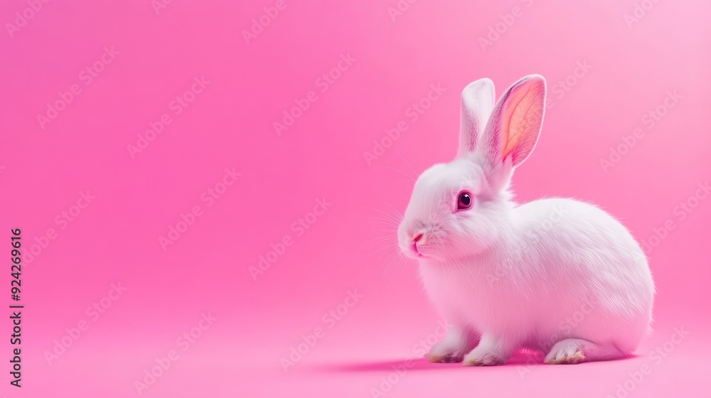 Fototapeta premium Cute white bunny rabbit on a pink background.