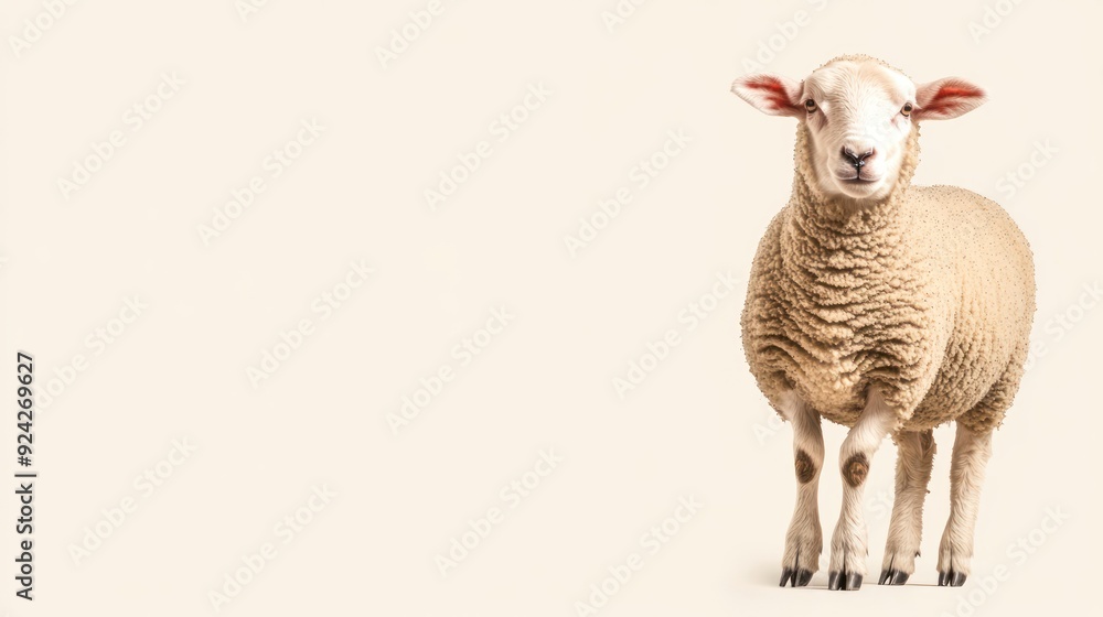 Obraz premium A sheep with a fluffy white coat stands on a white background and looks directly at the camera.