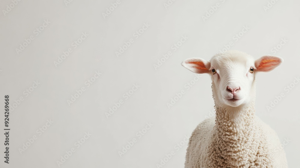 Fototapeta premium A white sheep with brown ears looking directly at the camera on a light background.