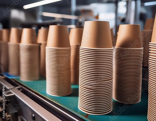 Eco friendly paper beige cups in a row on production Line in Factory photo