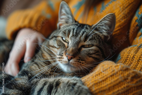 A person cuddling with a purring cat on a sofa, illustrating the affection and companionship shared between cat lovers and their feline friends photo