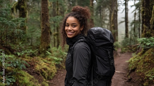 portrait of a teenage african american female in hiking gear on a trail