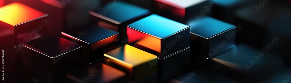 Abstract 3D Render of Colorful Metallic Cubes with Reflective Surfaces in a Modern Geometric Composition Abstract 3D Render of Colorful Metallic Cubes with Reflective Surfaces in a Modern Geometric Composition