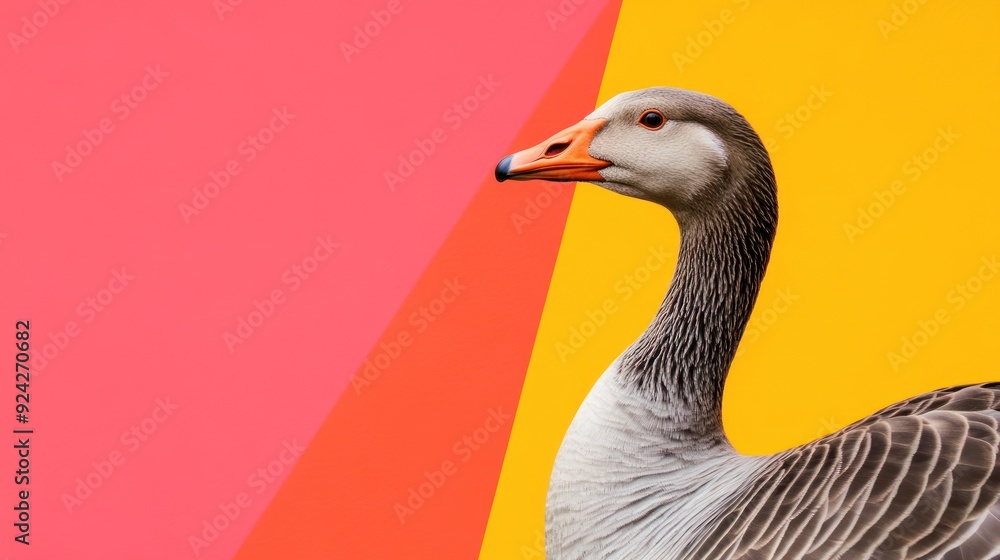 Close-up of a goose's head and neck against a vibrant pink, orange, and yellow background. Close-up of a goose's head and neck against a vibrant pink, orange, and yellow background.