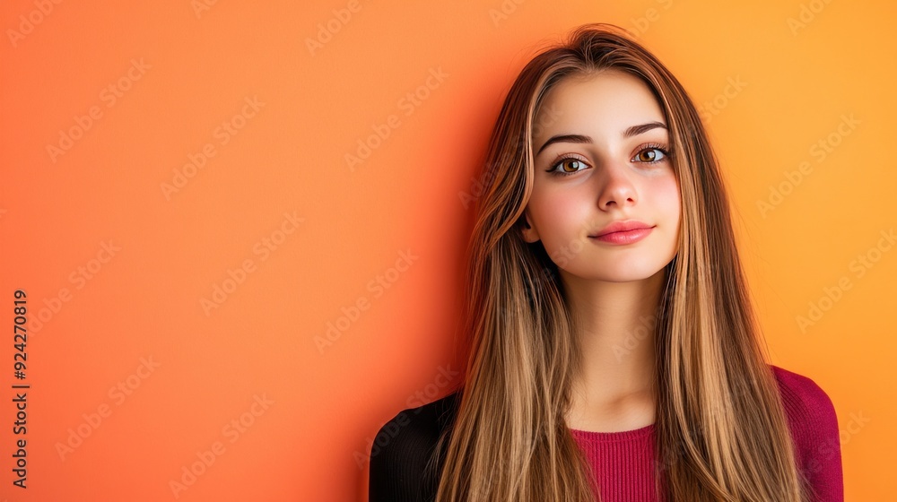 Young woman with long hair looking at the camera, on an orange background.