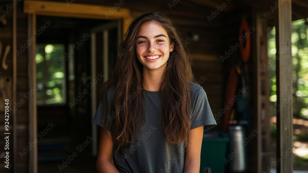 portrait of a teenage female camp counselor in front on a summer camp cabin portrait of a teenage female camp counselor in front on a summer camp cabin