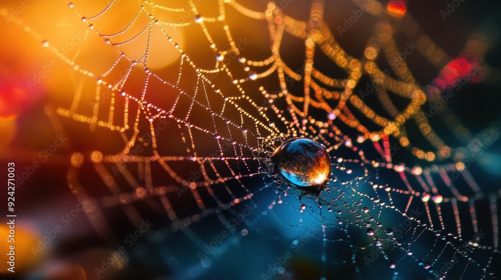 Close-up of a Dew-Covered Spider Web with a Water Droplet Reflecting Vibrant Colors in the Background Close-up of a Dew-Covered Spider Web with a Water Droplet Reflecting Vibrant Colors in the Background