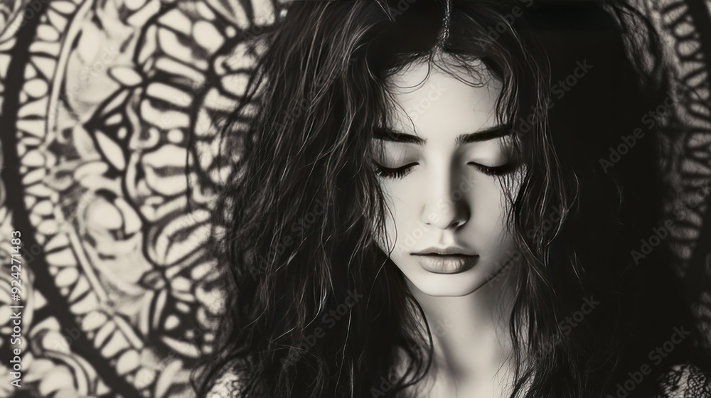 A young woman with long dark hair and closed eyes is standing in front of a window with an intricate pattern A young woman with long dark hair and closed eyes is standing in front of a window with an intricate pattern