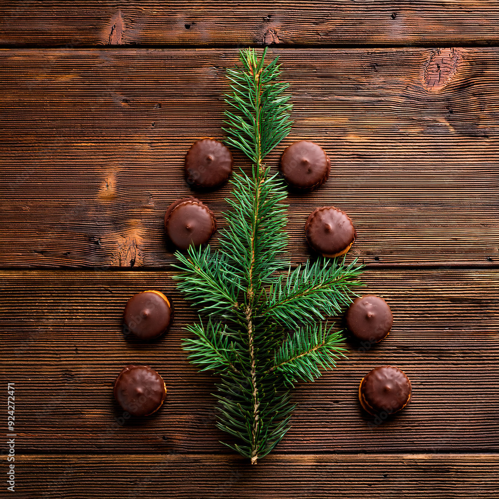 Christmas tree made of chocolate cookies on dark wooden background. Top view with copy space Christmas tree made of chocolate cookies on dark wooden background. Top view with copy space
