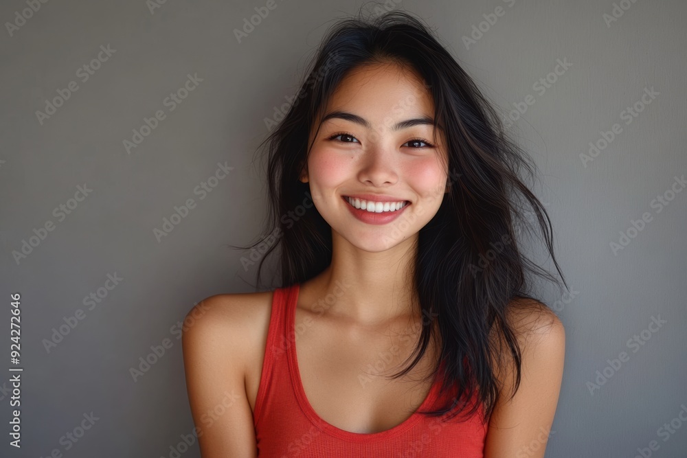 Young Smiling Asian woman in a red tank top beams at the camera, captured in a vibrant studio shot with a bold red background and plenty of space for text. Young Smiling Asian woman in a red tank top beams at the camera, captured in a vibrant studio shot with a bold red background and plenty of space for text.