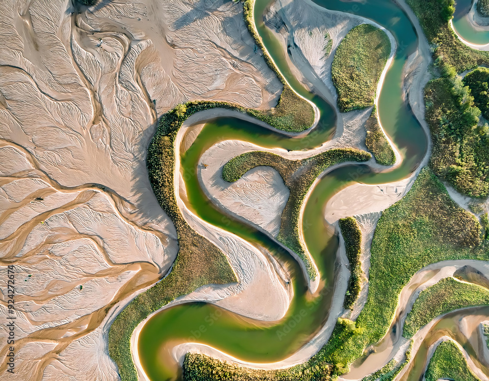 Fototapeta premium aerial view of intricate patterns of meandering waterways against a backdrop of pale sandy terrain