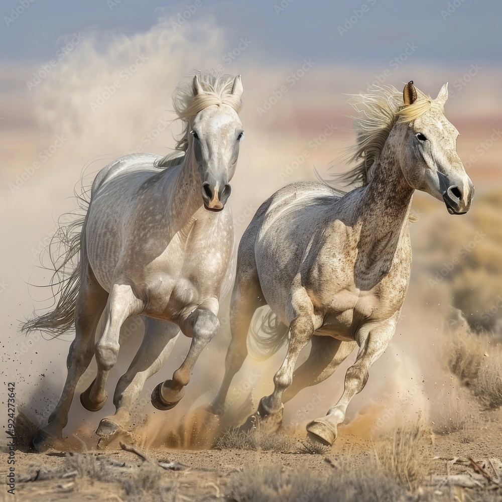 Obraz premium Two horse run free in desert sand