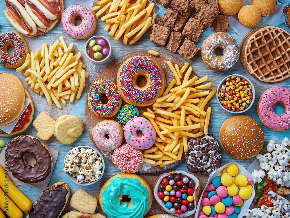 Top view of a diverse fast food feast with hot dogs, waffles, and an array of snacks, highlighting the indulgence and variety of modern comfort food. Fast Food Variety and Indulgence Concept. Top view of a diverse fast food feast with hot dogs, waffles, and an array of snacks, highlighting the indulgence and variety of modern comfort food. Fast Food Variety and Indulgence Concept.