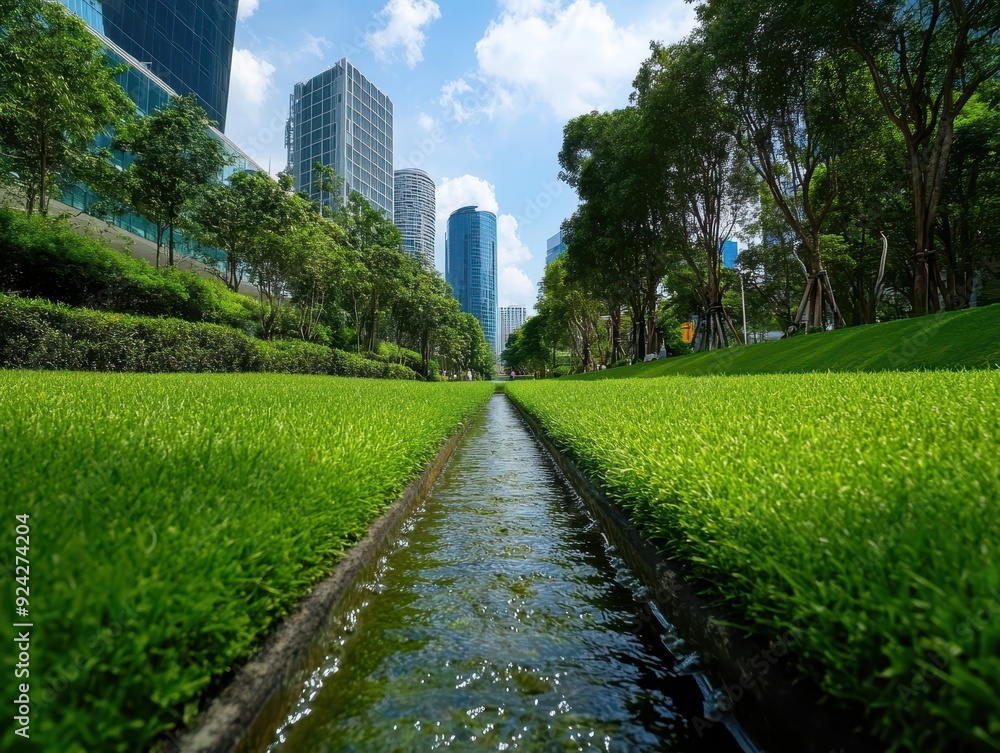 Modern Urban Park with Lush Greenery and Water Stream in the Heart of a City with Skyscrapers Modern Urban Park with Lush Greenery and Water Stream in the Heart of a City with Skyscrapers