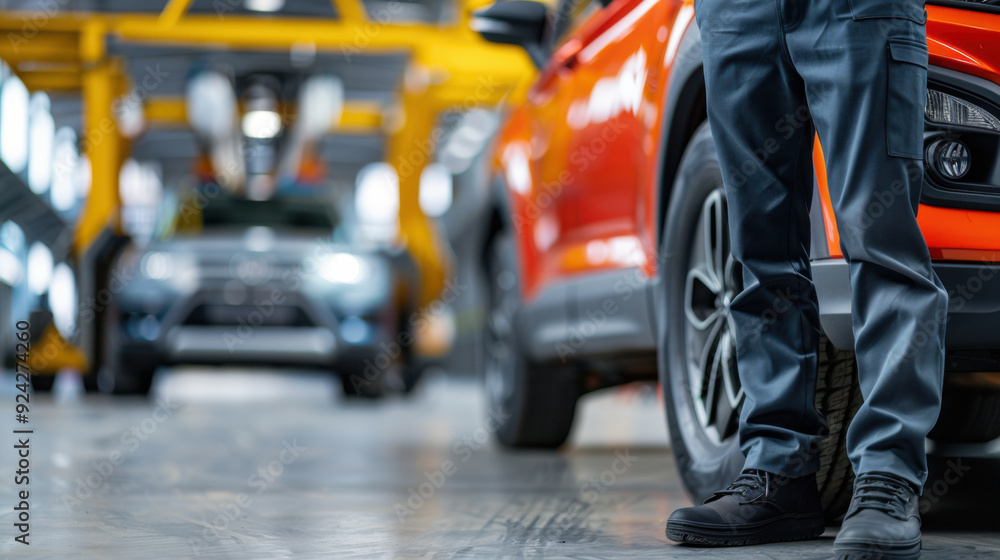 A mechanic in gray pants standing next to an orange car in a brightly lit automotive workshop, focused on vehicle repairs. A mechanic in gray pants standing next to an orange car in a brightly lit automotive workshop, focused on vehicle repairs.