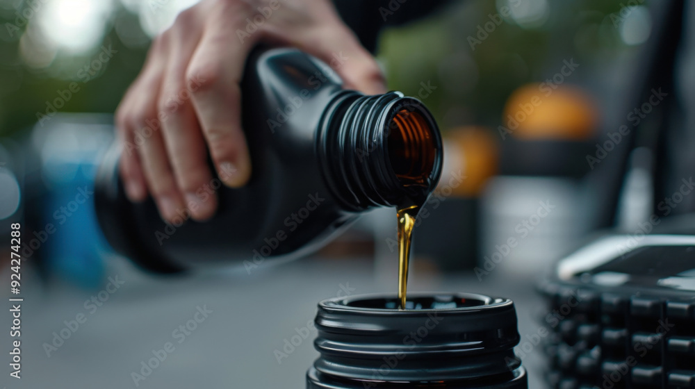 Close-up of a hand pouring engine oil into a car’s reservoir during a routine vehicle maintenance check at an auto service center. Close-up of a hand pouring engine oil into a car’s reservoir during a routine vehicle maintenance check at an auto service center.