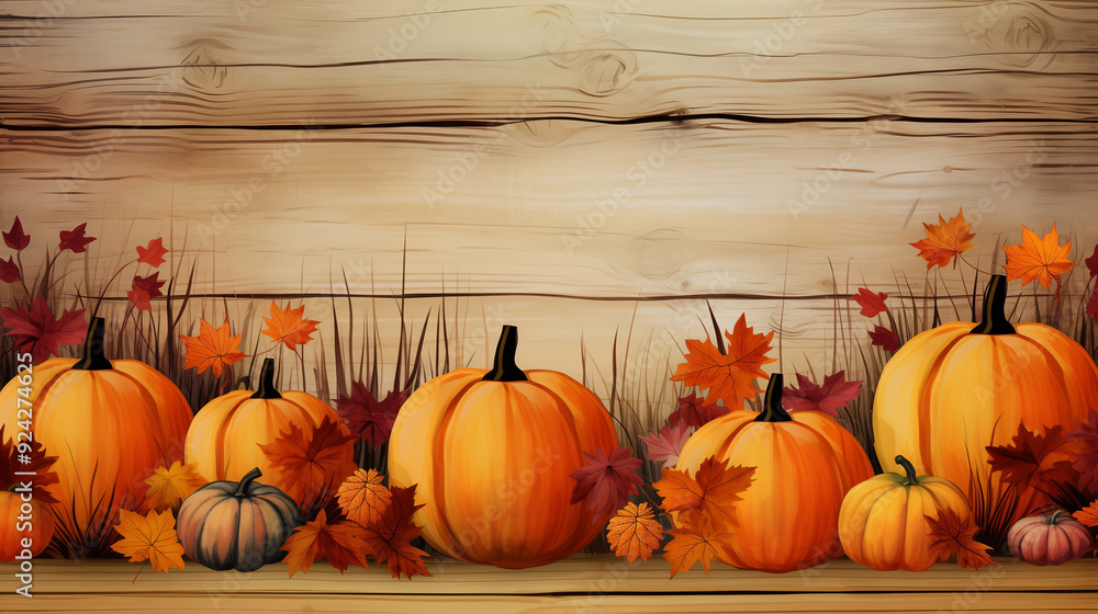 Wooden background with pumpkins and autumn leaves arranged in a festive display, copy space. Thanksgiving background, autumn background, card, web wallpaper Wooden background with pumpkins and autumn leaves arranged in a festive display, copy space. Thanksgiving background, autumn background, card, web wallpaper