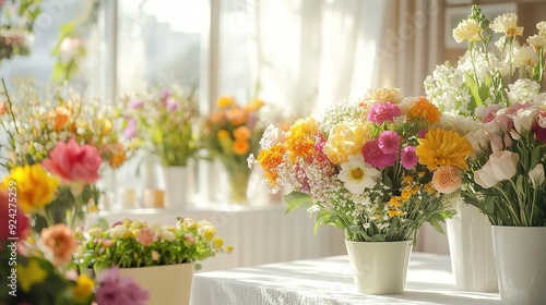 Elegant Flower Shop Interior Display with Colorful Blooms, Vases, and Soft Sunlight Illuminating Detailed Textures in Warm Tones