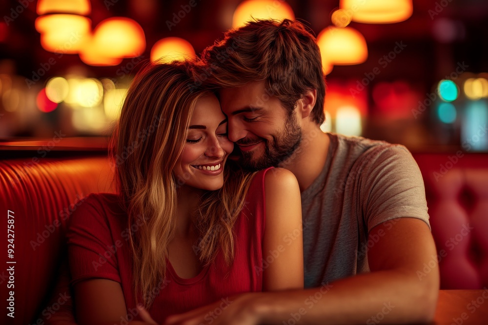 Romantic couple enjoying a cozy moment in a cafe surrounded by festive lights Romantic couple enjoying a cozy moment in a cafe surrounded by festive lights