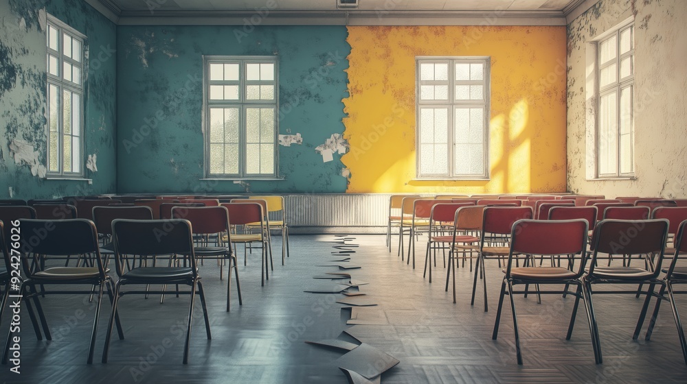 A lively classroom of engaged students starkly contrasts with a dim, abandoned, broken room. A lively classroom of engaged students starkly contrasts with a dim, abandoned, broken room.