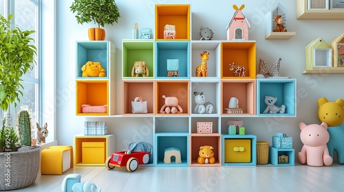 Vibrant Storage Solutions. Bright and colorful organization in a nursery room photo