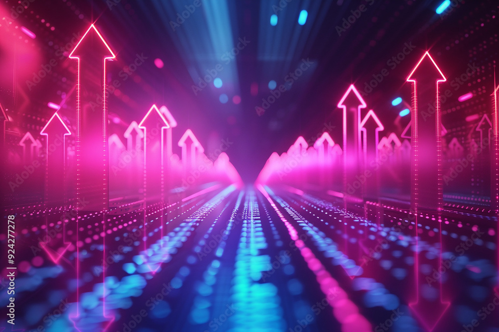 Dynamic Digital Visualization of Rising Arrows in Neon Pink and Blue with a Futuristic Technology Background Dynamic Digital Visualization of Rising Arrows in Neon Pink and Blue with a Futuristic Technology Background