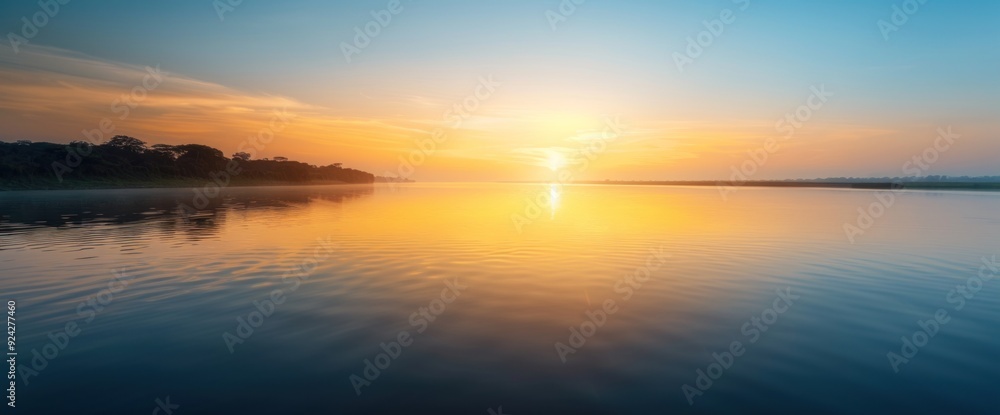Fototapeta premium Serene Nile River at sunset, copy space, natural lighting