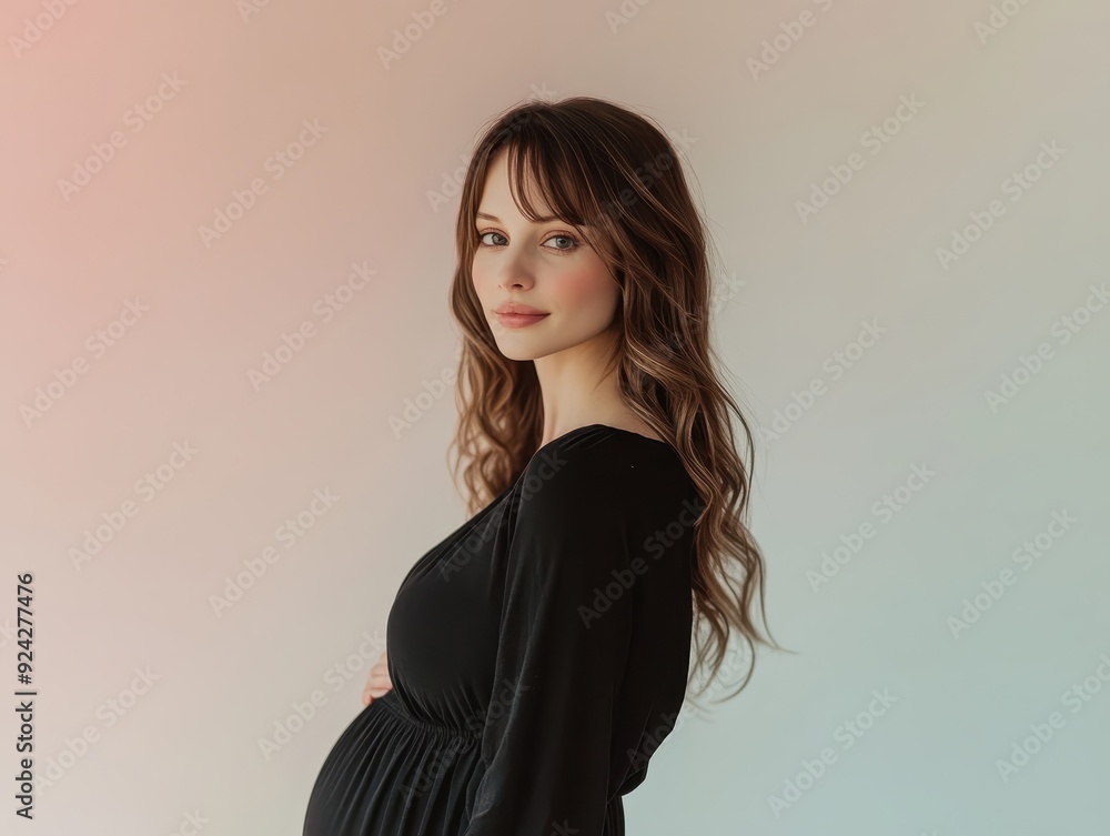 Elegant Portrait of a Pregnant Woman in Black Dress with Soft Pastel Background Elegant Portrait of a Pregnant Woman in Black Dress with Soft Pastel Background