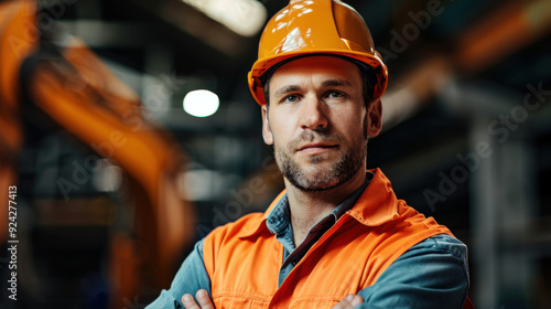 A confident warehouse worker in a hard hat and safety vest stands with crossed arms, representing authority and professionalism in the workplace.