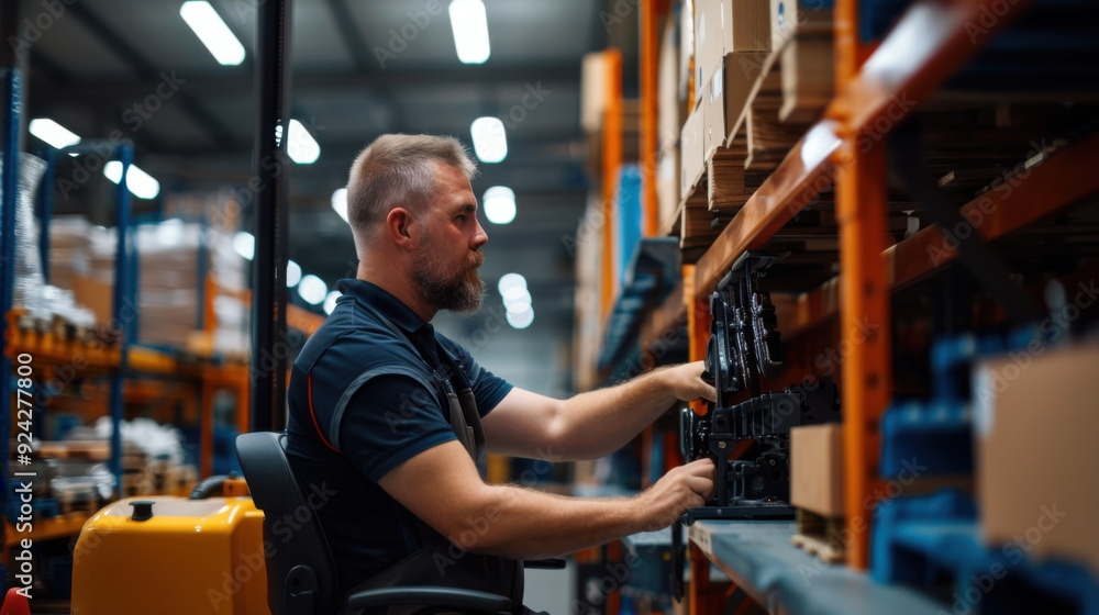 A warehouse worker organizing inventory on shelves in a large distribution center, highlighting logistics and efficient storage systems. A warehouse worker organizing inventory on shelves in a large distribution center, highlighting logistics and efficient storage systems.
