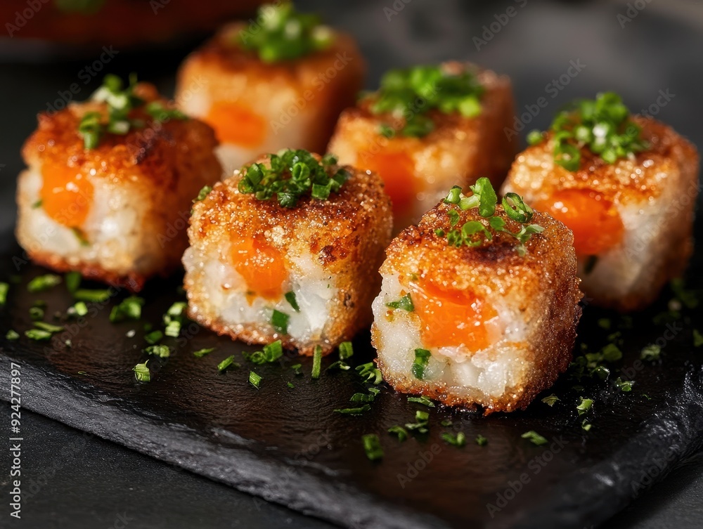Delicious Crispy Sushi Rolls with Fresh Salmon and Chives on a Slate Plate Delicious Crispy Sushi Rolls with Fresh Salmon and Chives on a Slate Plate