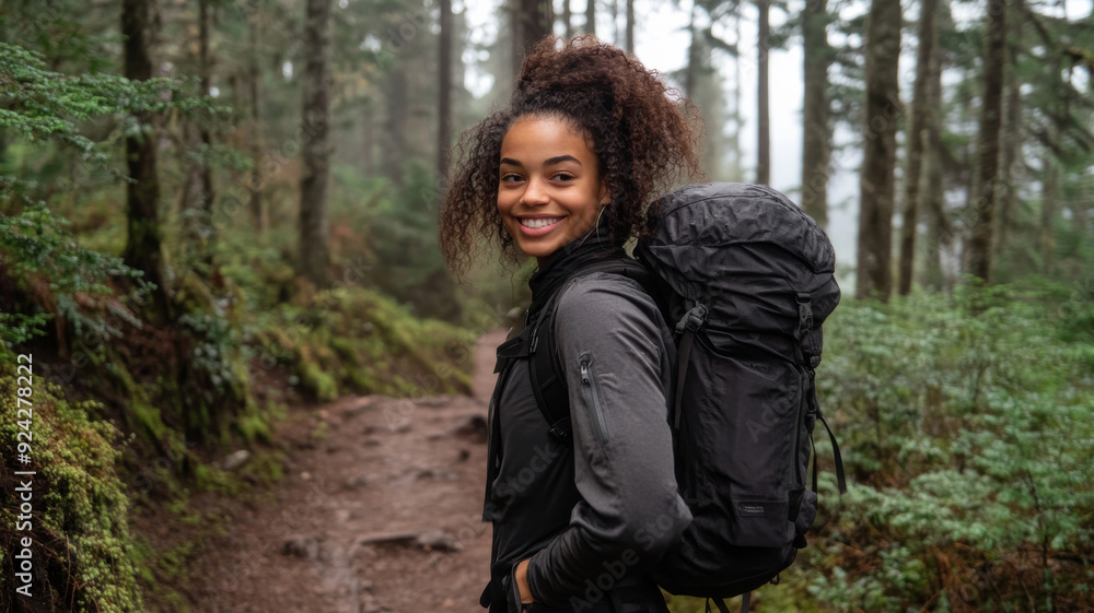 portrait of a teenage african american female in hiking gear on a trail portrait of a teenage african american female in hiking gear on a trail