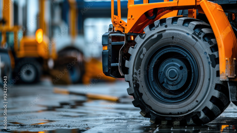 Detailed close-up of a large tire on industrial machinery parked on wet pavement, emphasizing construction and industrial themes. Detailed close-up of a large tire on industrial machinery parked on wet pavement, emphasizing construction and industrial themes.