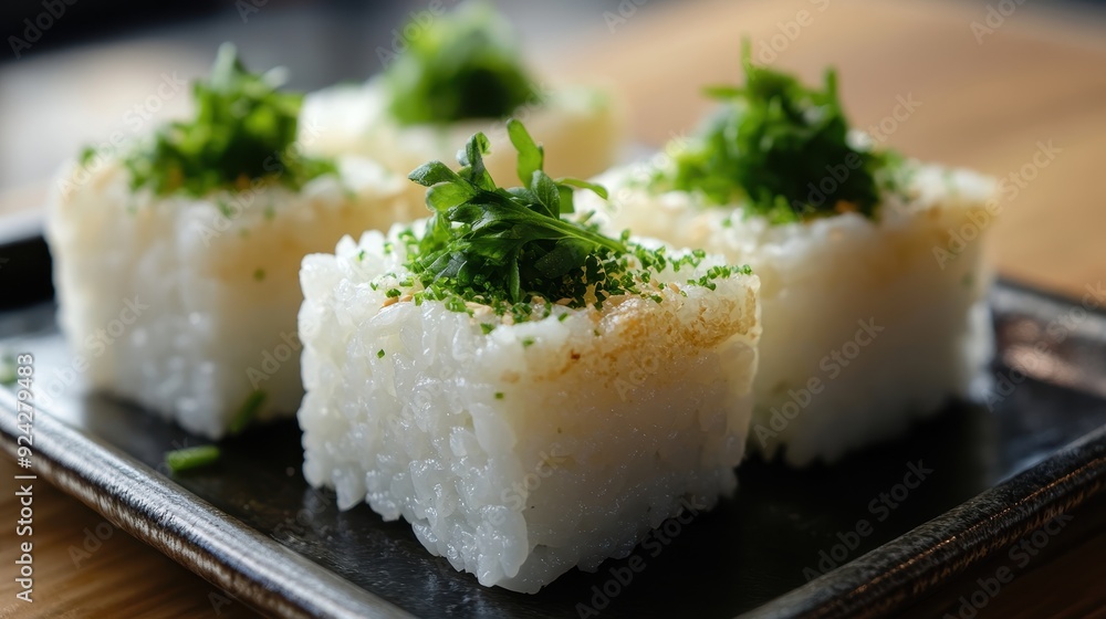 Close-up of Delicious Sushi Rice Squares Garnished with Fresh Herbs on a Metal Tray Close-up of Delicious Sushi Rice Squares Garnished with Fresh Herbs on a Metal Tray