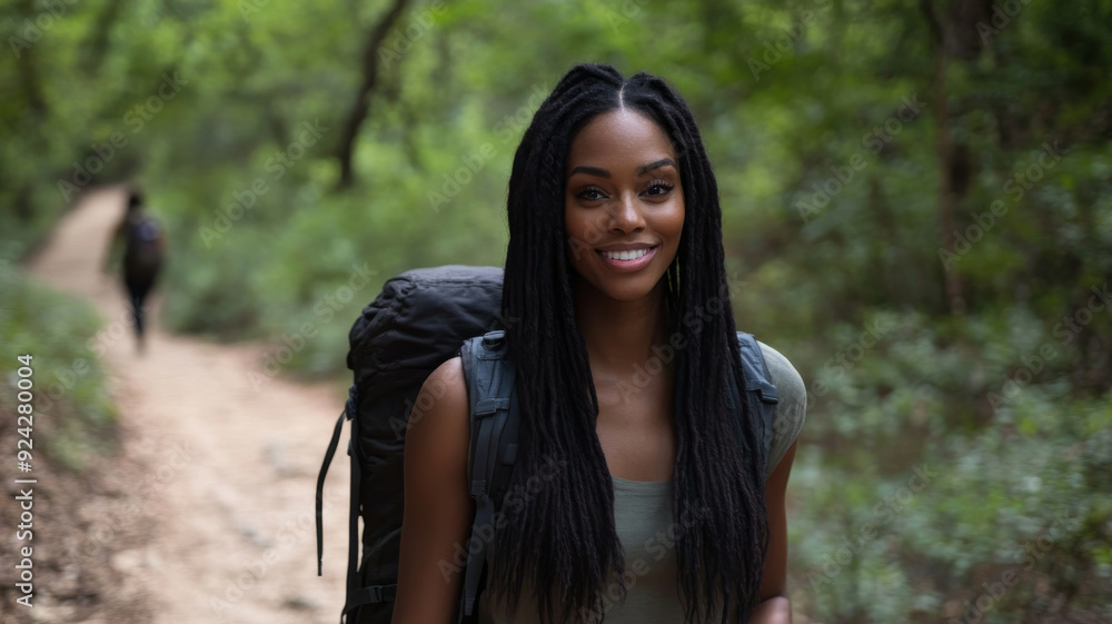 portrait of a mid 20's African American female in hiking gear on a trail portrait of a mid 20's African American female in hiking gear on a trail