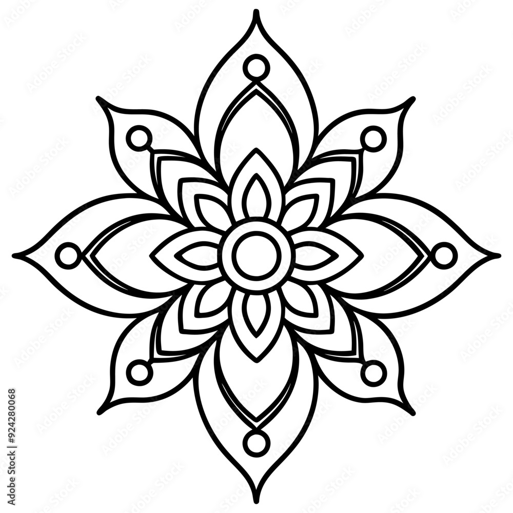 A black and white illustration of a flower mandala design. A black and white illustration of a flower mandala design.