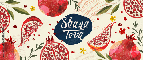Rosh Hashanah. Art background with congratulations on the holiday of the Jewish New Year. Pattern with pomegranates and leaves for the design of a postcard, cover, invitations, poster. Shana Tova.