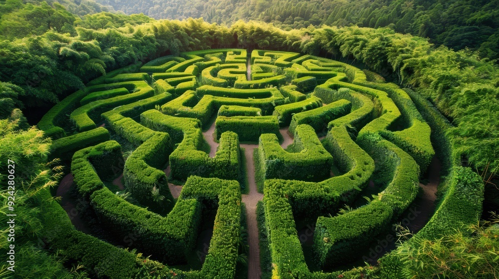 Aerial view of a scenic green hedge maze in a lush garden setting, surrounded by dense greenery and natural landscape during daylight. Aerial view of a scenic green hedge maze in a lush garden setting, surrounded by dense greenery and natural landscape during daylight.