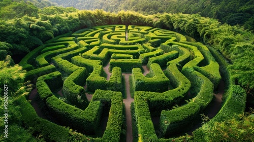 Aerial view of a scenic green hedge maze in a lush garden setting, surrounded by dense greenery and natural landscape during daylight.